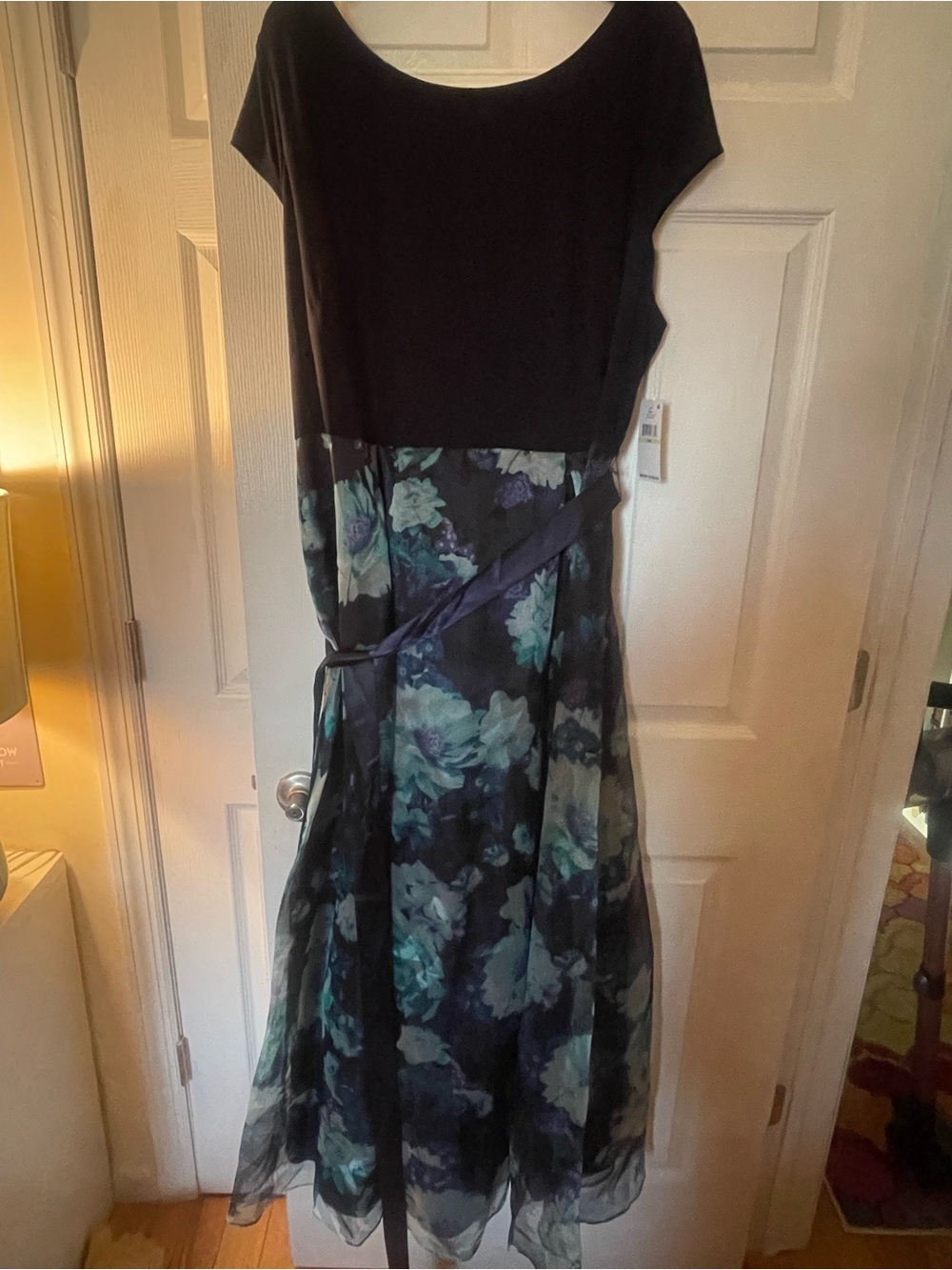SLNY Black Bodice Floral Maxi Dress with Teal and Navy Accents